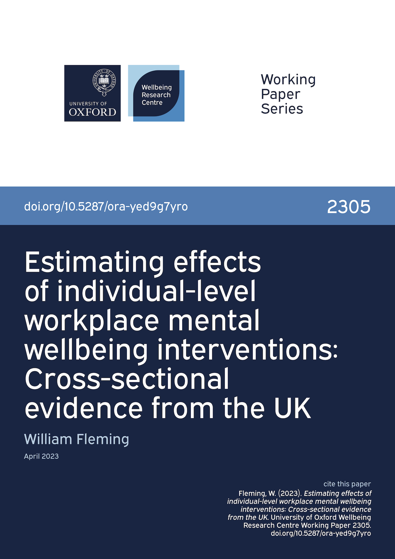 Cover for Working Paper 2305, Estimating effects of individual-level workplace mental wellbeing interventions: Cross-sectional evidence from the UK.
